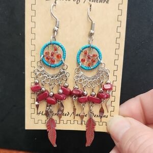 Bohemian Chandelier Earrings Handcrafted Dream Catcher With Bead Feather Accents